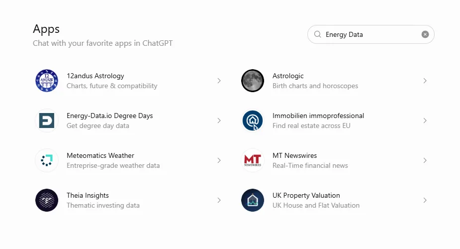 ChatGPT Apps search results for Energy Data