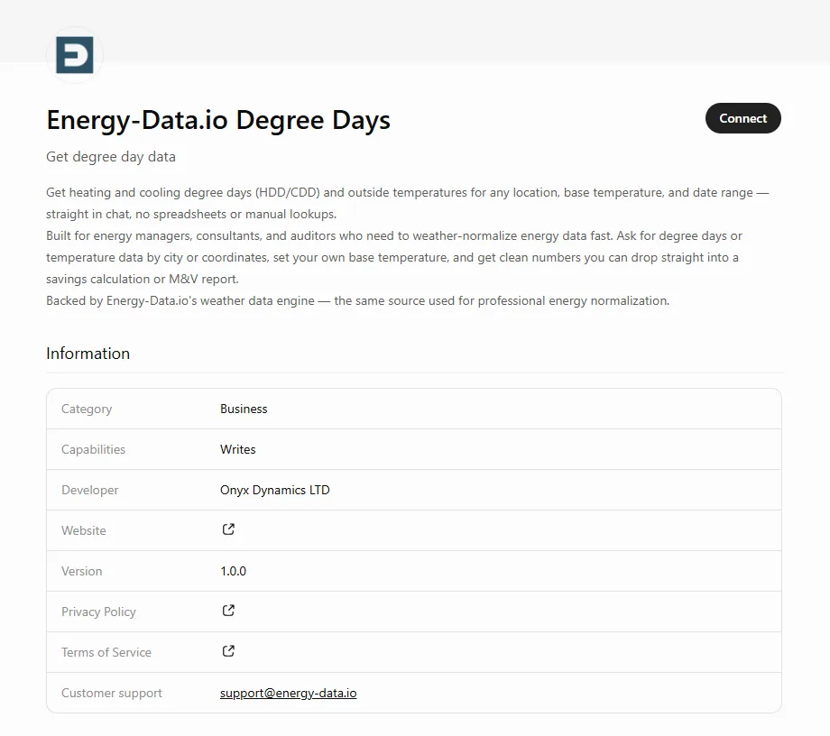 Energy-Data.io Degree Days app page with Connect button