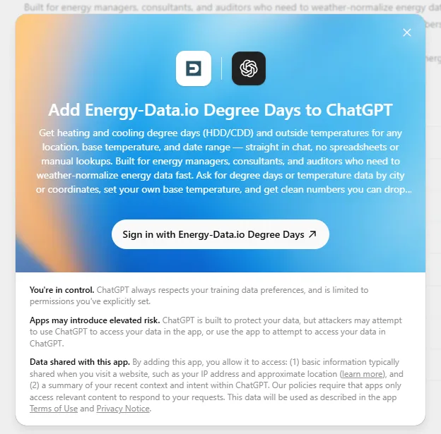 ChatGPT dialog to sign in with Energy-Data.io Degree Days