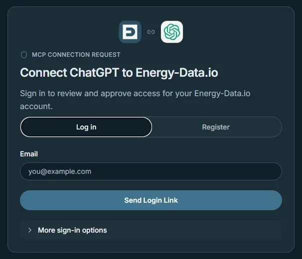 Energy-Data.io login screen for the ChatGPT connection